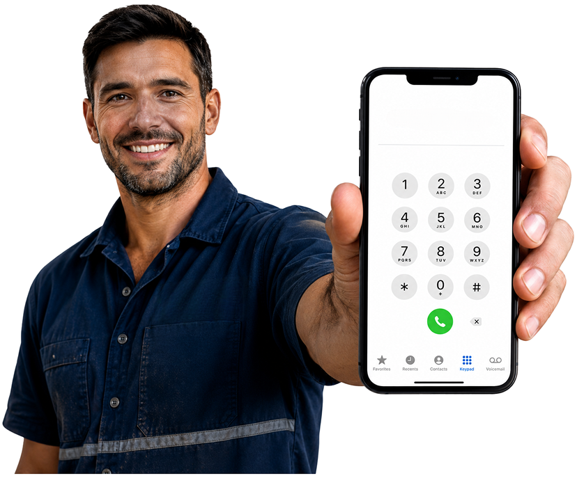 Wahroonga Blocked Drains plumber holding a phone — call 1300 261 965