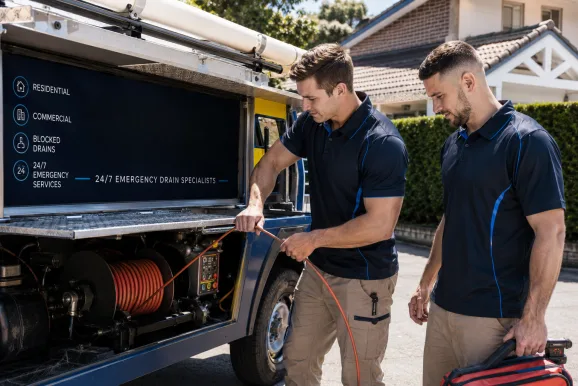 Two plumbers working on a blocked drain in Wahroonga