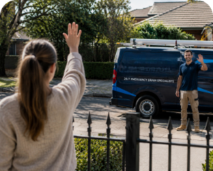 Customer waving goodbye to a Wahroonga Blocked Drains plumber